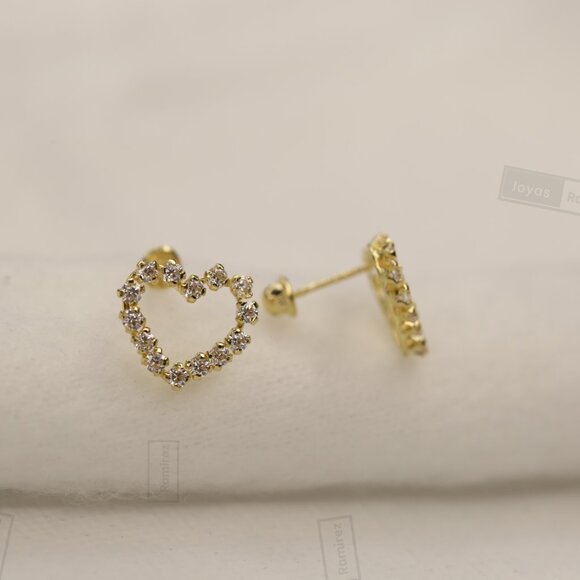 14K Solid Gold Heart Stud Earrings With Zirconia • Fine Jewelry. - Picture 3 of 6